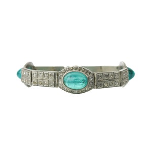 Antique Art Deco Emerald Glass Cabochon & Paste Rhinestone Bracelet