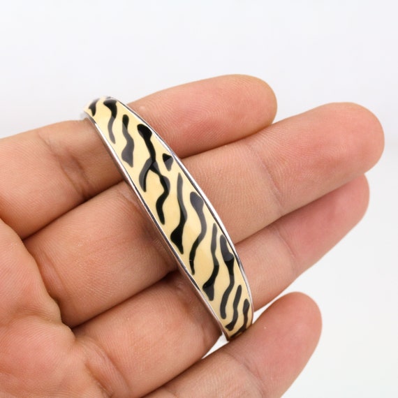 Vintage Zebra Print Enamel Sterling Silver Cuff B… - image 5