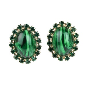 Vintage Large Green Gripoix Swirl Cabochon Rhinestone Earrings