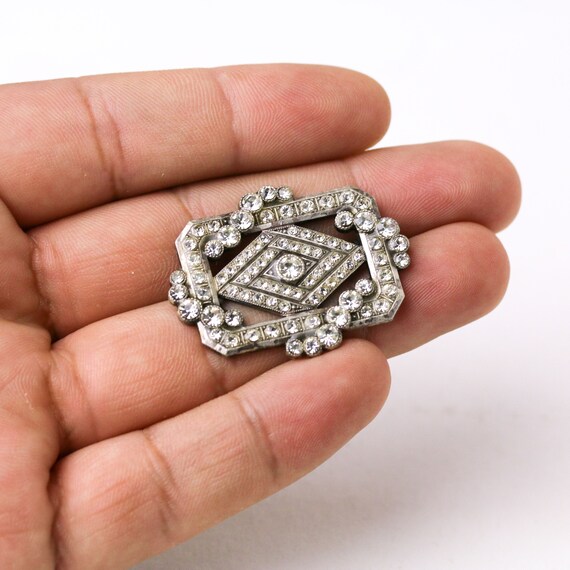 Superbe Broche Ancienne En Argent Massif 925, Style Art Déco Avec Strass