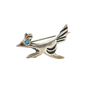 Small Vintage Sterling Silver & Turquoise Roadrunner Brooch