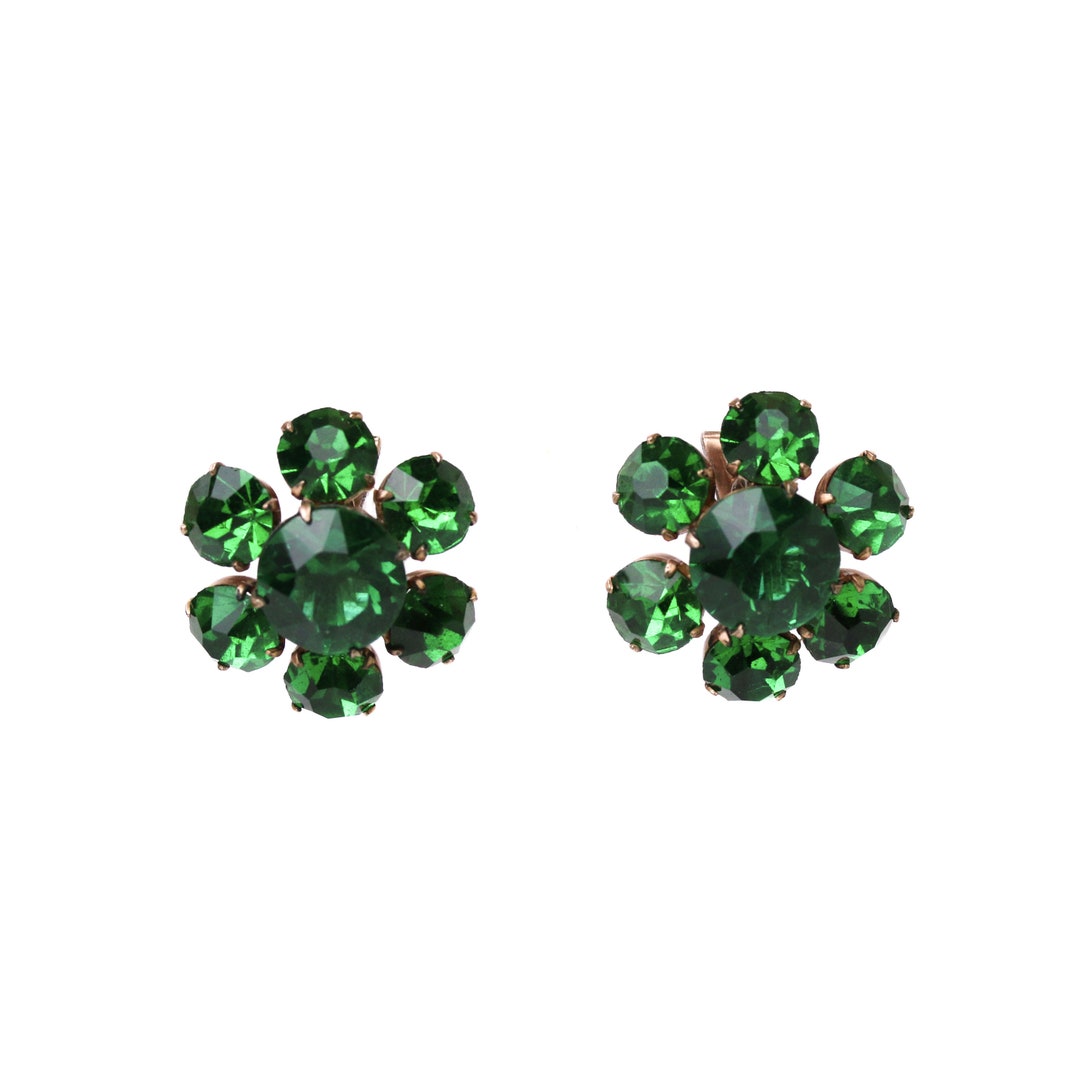 Boucles d'oreilles vintage à clip - vert, doré et diamant fantaisie