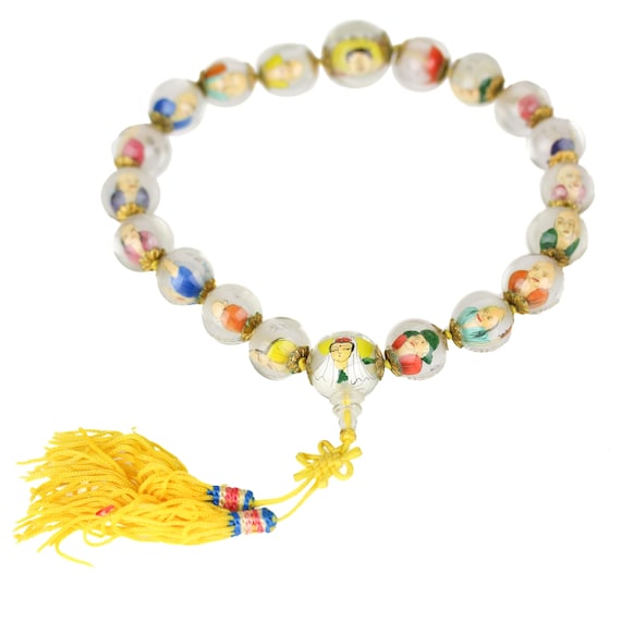 Vintage Chinese Deity Reverse Painted Glass Bead Prayer Necklace