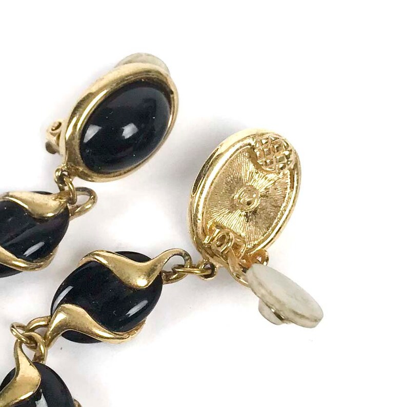 Vintage Swarovski Black Glass Gold Plated Dangle Clip Earrings Etsy