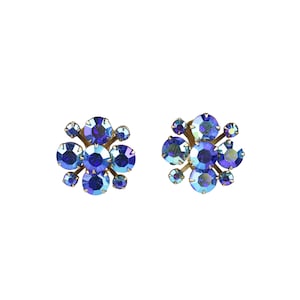 Vintage Signed Weiss Blue AB Rhinestone Star Clip Earrings