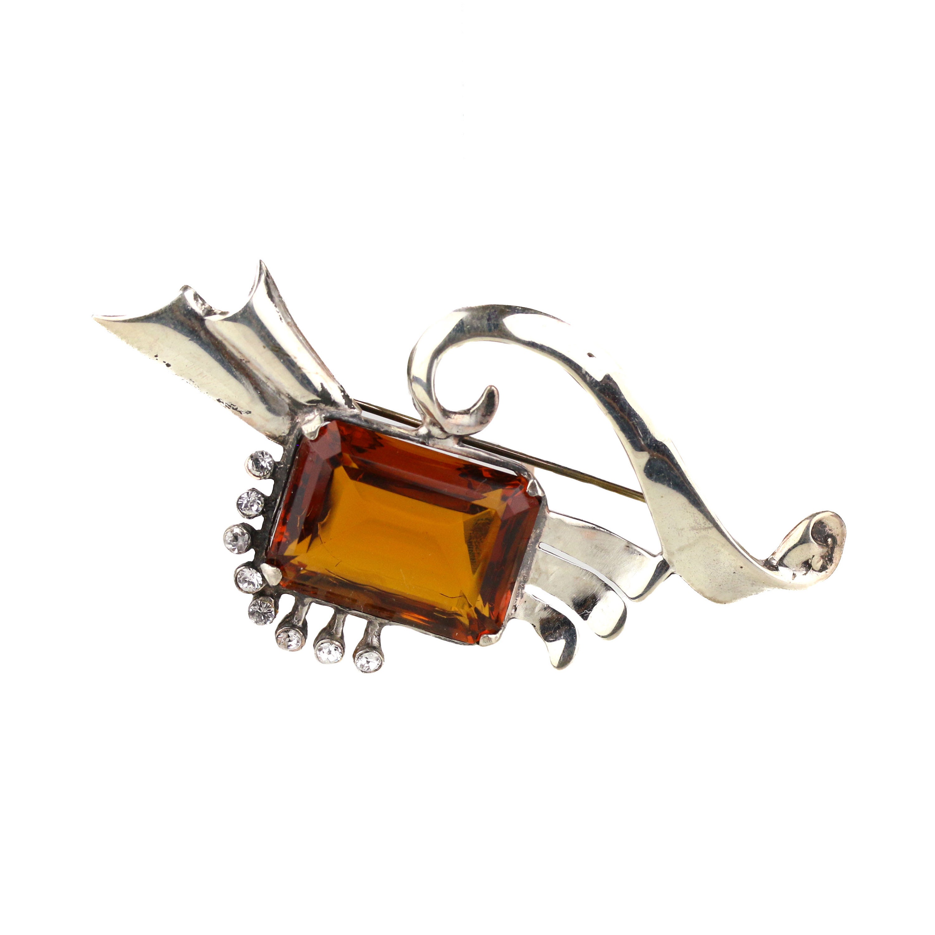 Vintage Art Deco Sterling Silver Orange Glass Stone Brooch