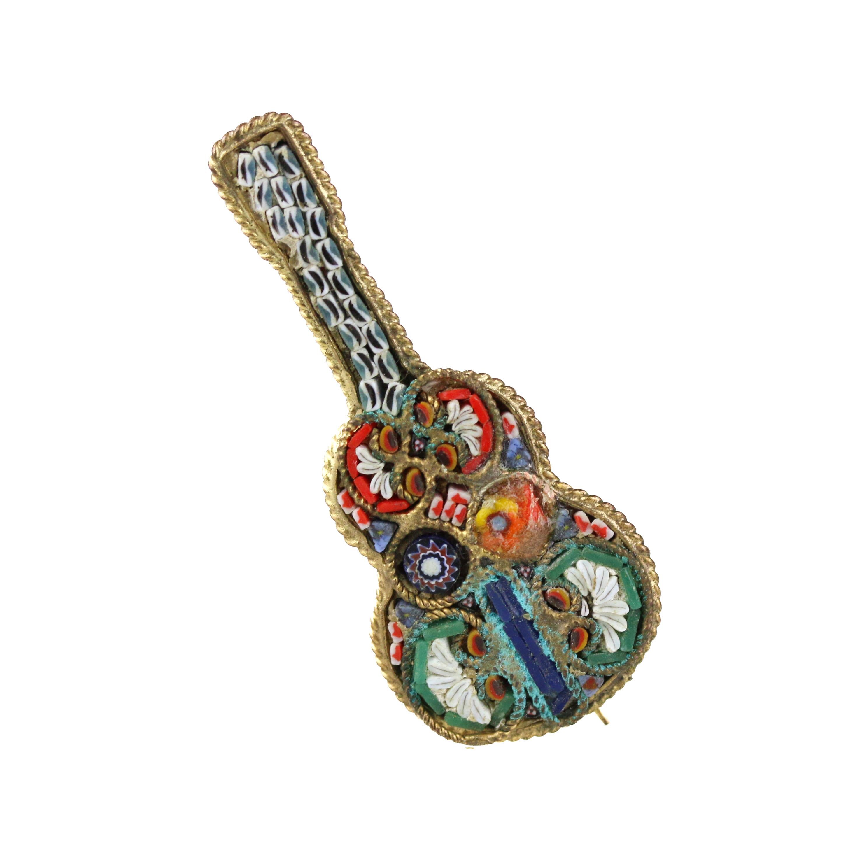 Broche Ancienne En Forme De Guitare - Micro-Mosaïque Marquetterie De Verre, Époque 1900