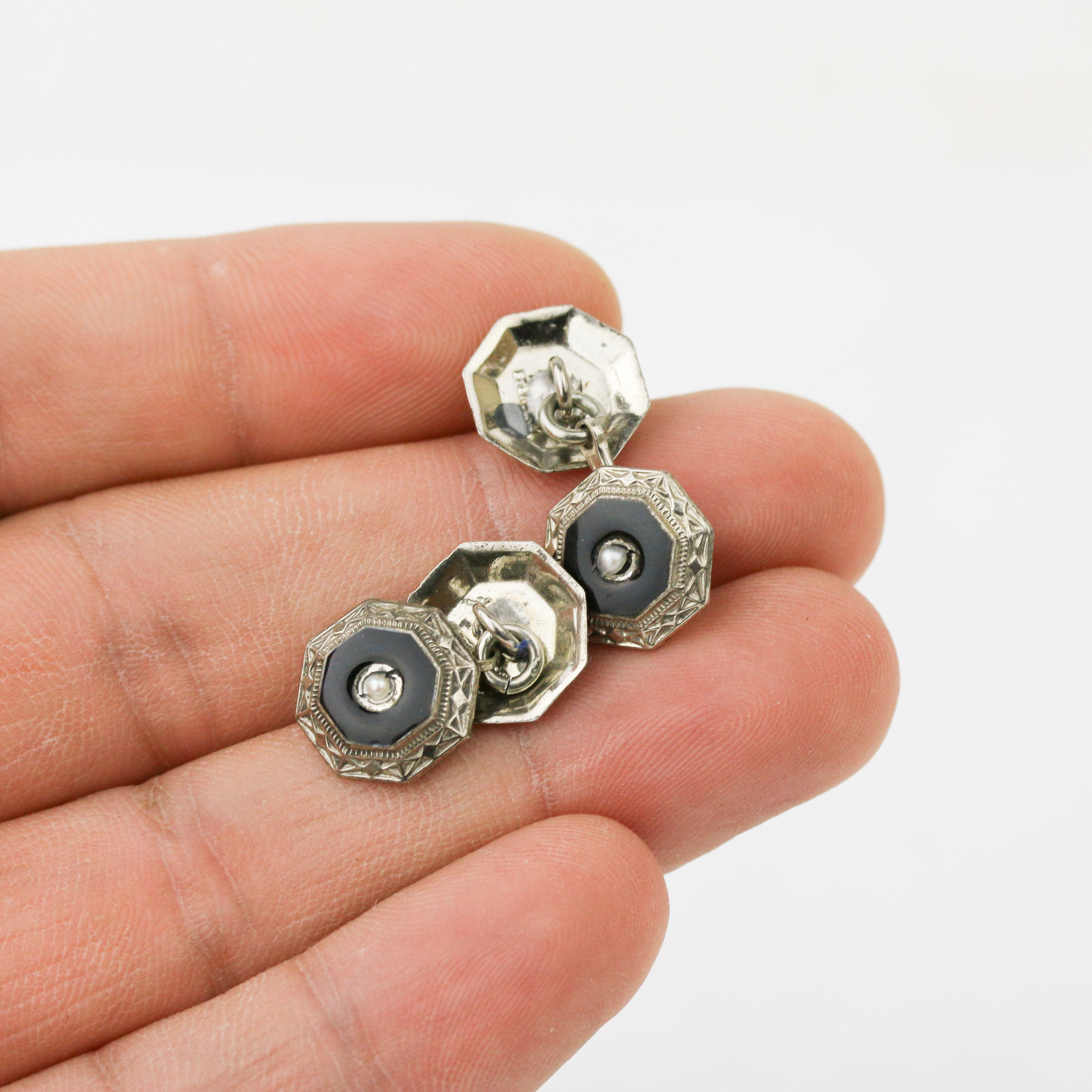Boutons De Manchette Anciens En Argent Sterling - Émail Guilloché Décor Danseuses - Occasion