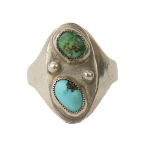 Old Fred Harvey Era Navajo Sterling Silver Turquoise 2 Stone Ring Size 13