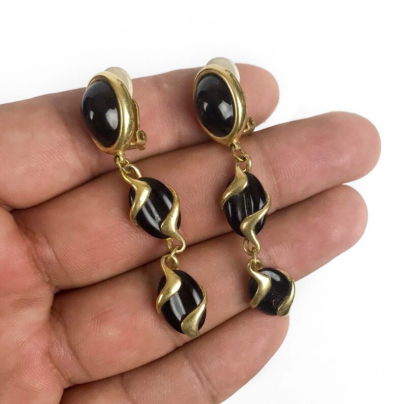 Vintage Swarovski Black Glass Gold Plated Dangle Clip Earrings Etsy