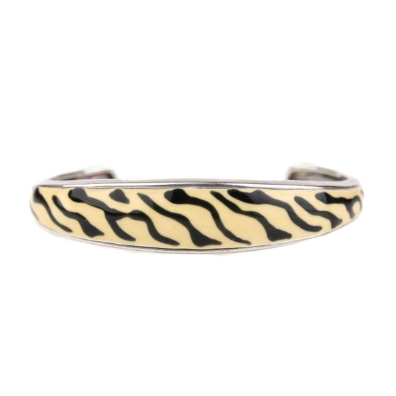 Vintage Zebra Print Enamel Sterling Silver Cuff B… - image 1