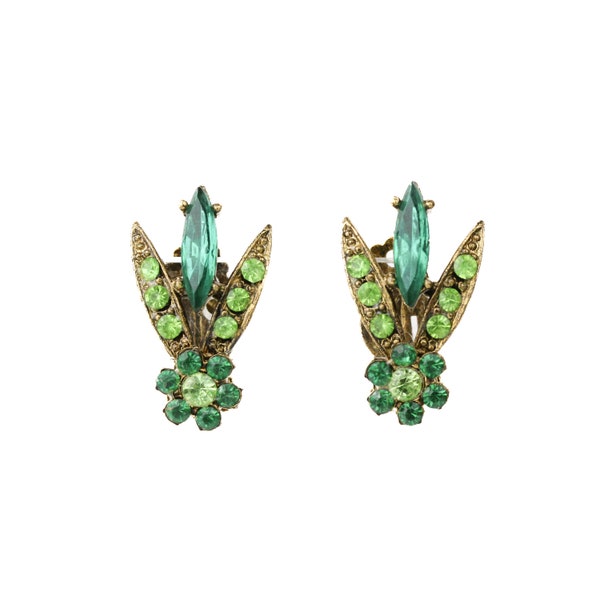Vintage Signed Selro Selini Green Rhinestone Clip Earrings