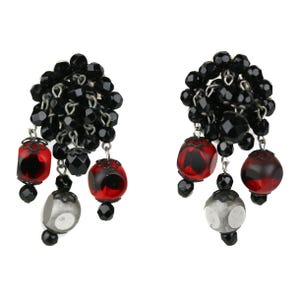 Vintage Signed Hobe Black & Red Crystal Bead Clip Earrings