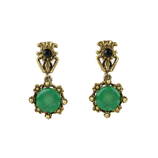 Vintage Unsigned Florenza Victorian Revival Green Intaglio Cameo Earrings