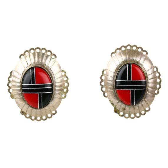 Vintage Navajo Sam Kee Sterling Silver Onyx Jasper Inlay Earrings