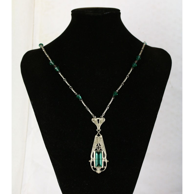 Vintage Art Nouveau Revival Green Glass Necklace image 2