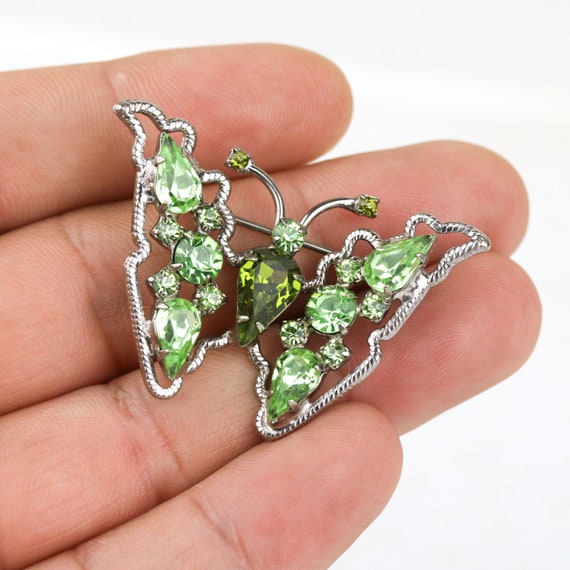 Vintage Signed Weiss Green Rhinestone Butterfly B… - image 4