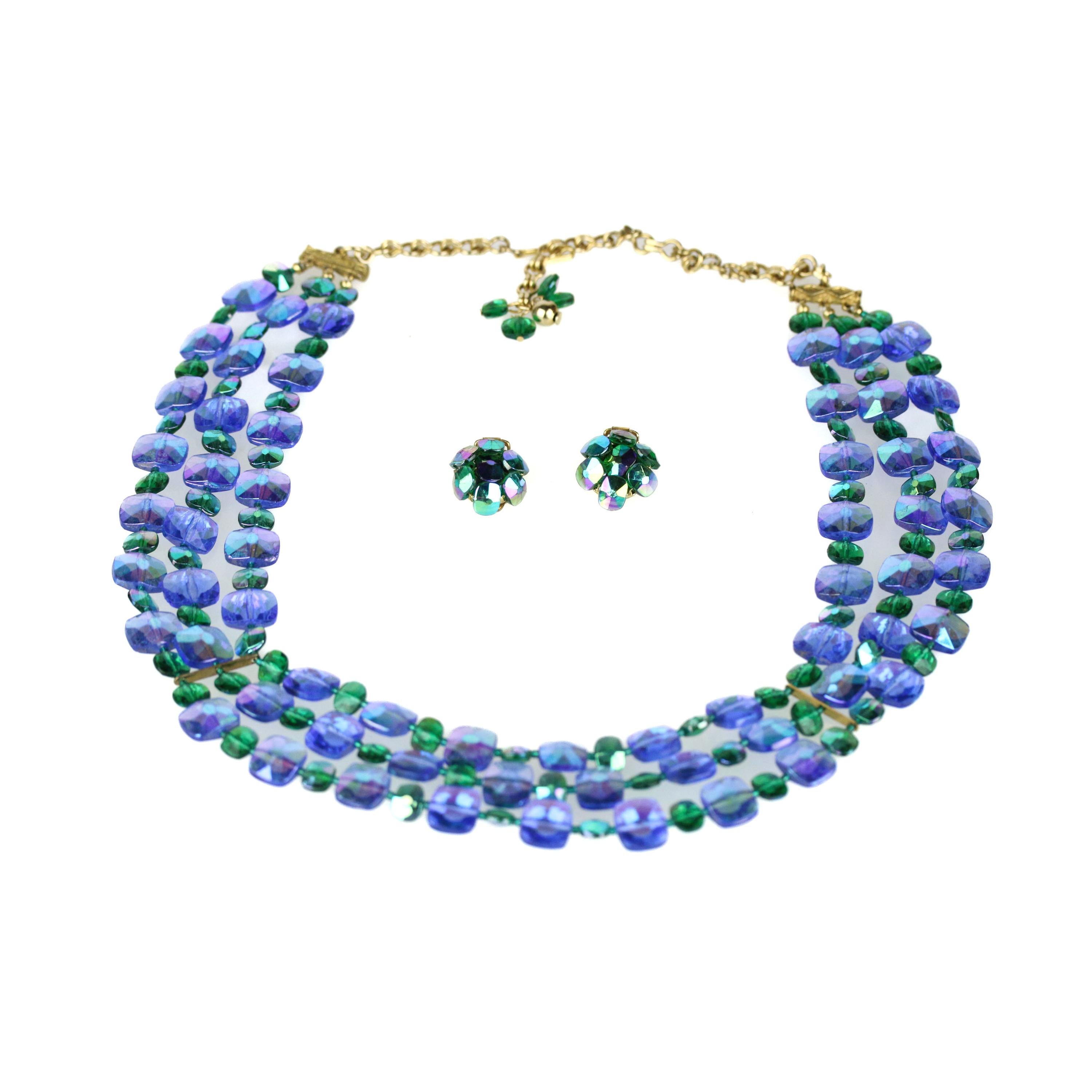 Vintage Hattie Carnegie Green Blue AB Glass Bead Necklace  VTG 1960s Regency Jewels Multi-Layer Blue Green Glass & Crystal Beads Necklace main image 0