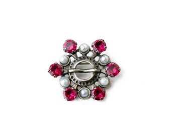 Antique Sterling Silver Ruby & Seed Pearl Celtic Brooch