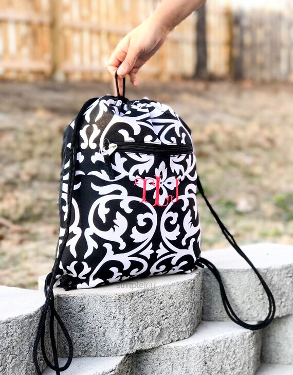 2 Colors Black White Drawstring Backpack Damask Cinch Bag Etsy