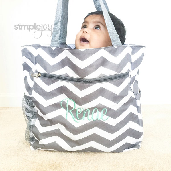 Chevron Diaper Bag, Gray Diaper Bag, Multipurpose Tote Bag, Beach Bag, Chevron Shoulder Bag, Monogrammed Gift, Work Bag, Gift for her, Mom