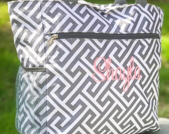 Greek Key Tote Bag, Beach Bag, Gray Bag, Greek Key Diaper Bag, Gray Diaper Bag, Monogrammed Canvas Bag, Bridesmaids Gift, Bridal Bag