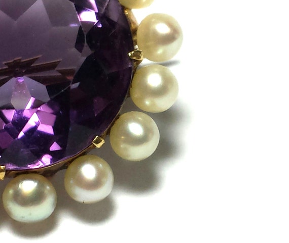 Estate Large Round Dark Amethyst and Round White … - image 2