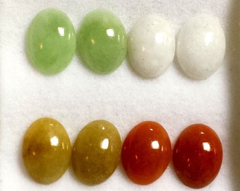 Genuine Multicolor Jade 12x10mm Oval 4 Pair Matched Green Orange White Tan Suite Parcel Lot #1456