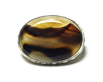 Estate Agate Mountain Scene .925 Sterling  Oval Cabohcon Brooch Pin #1618