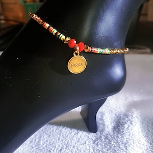 Red Gold Green Vinyl Disc Beads Gold Glass Seed Beads Anklet Bracelet Afrocentric Jewelry Foot Chain Beaded Anklet Rasta