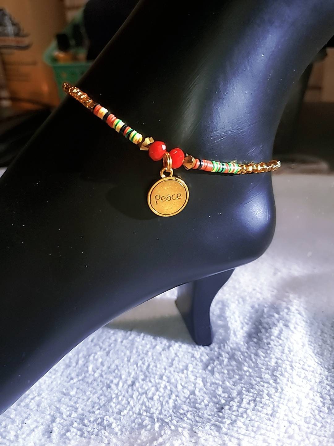 Rasta Anklet: Red, Gold, Green Vinyl Disc & Glass Seed Beads