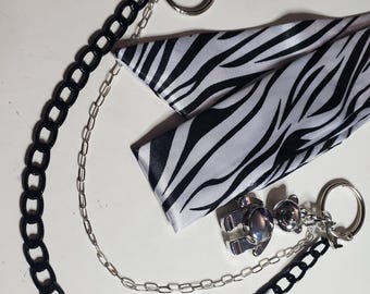 Black Teddy Bear Bag Charm Set: Silver Chain, Zebra Scarf - Purse Bling