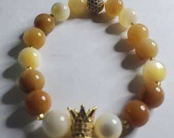 Yellow Jade And Mother Of Pearl Gemstone Beaded Stretch Bracelet African Bohemian Statement Jewelry