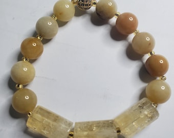 Citrine and Yellow Jade Gemstone Beaded Stretch Bracelet African Bohemian Statement Jewelry