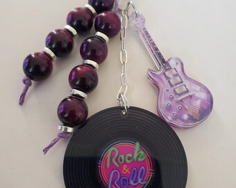 Rock and Roll Vinyl Record Keychain: Purple Tigers Eye Gemstone Beaded Bag Charm