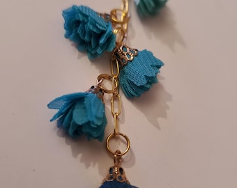 Teal Silk Flower Bag Charm: Rasta Keychain Purse Dangle