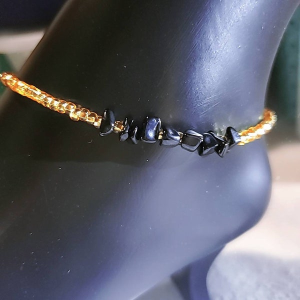 Black Obsidian Gemstone Chips Gold Glass Seed Beads Anklet Afrocentric Jewelry Foot Chain Beaded Anklet Beaded Bracelet Healing Jewelry