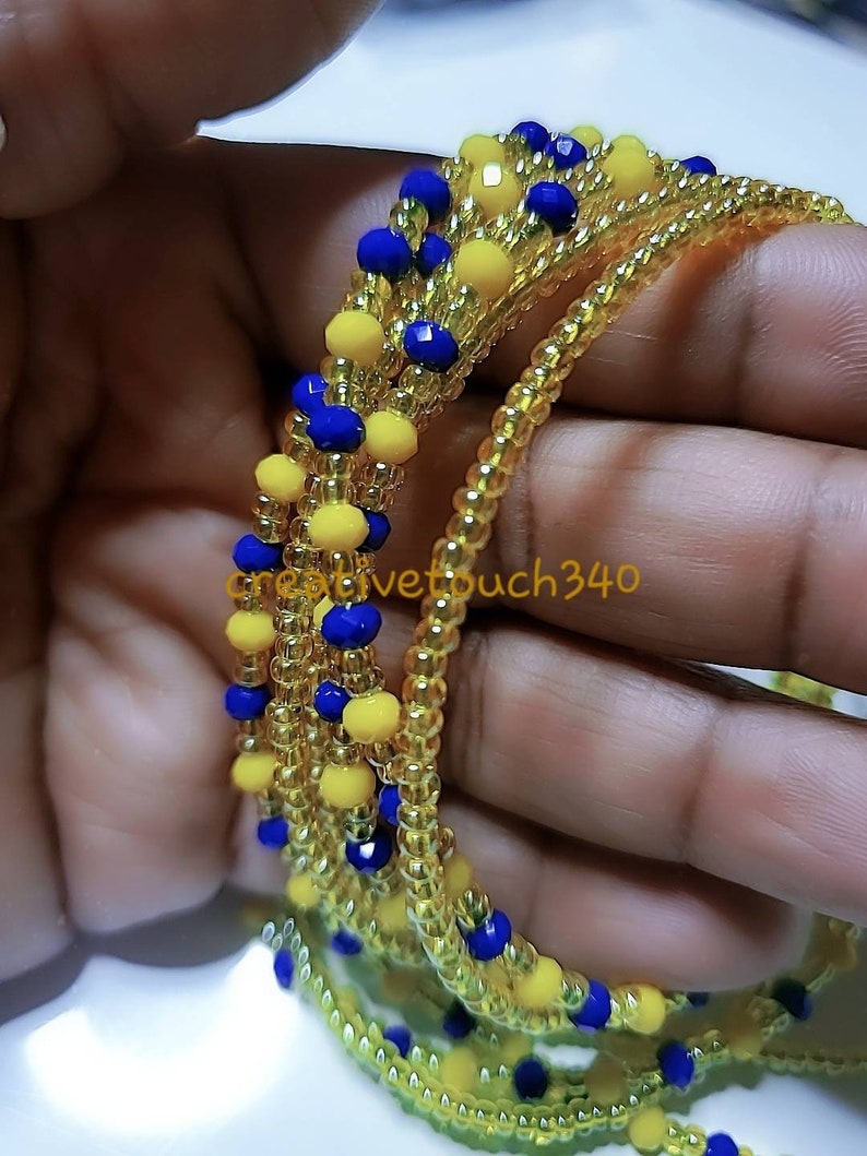 Royal Blue Yellow Gold Glass Bead African Waist Beads Afrocentric Natural Waist Trainer Body Conscious Dancer Jewelry Bohemian Belly Beads