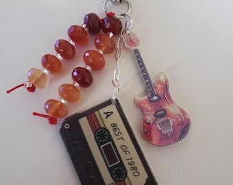 Cassette Tape & Guitar Beaded Bag Charm: Keychain Purse Dangle