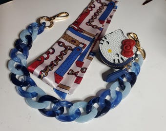 Kitty Mini Handbag Charm Set: Red White Blue Chain, Scarf Dangle