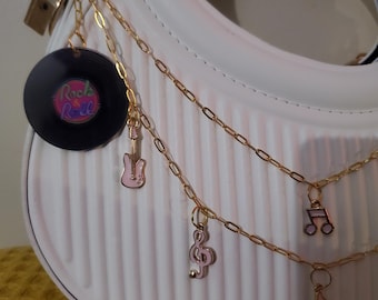 Vinyl Record Handbag Chain: Gold & Pink Musical Charms