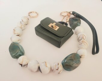 Army Green Mini Handbag Chain Set: Green Stones White Bag Chain