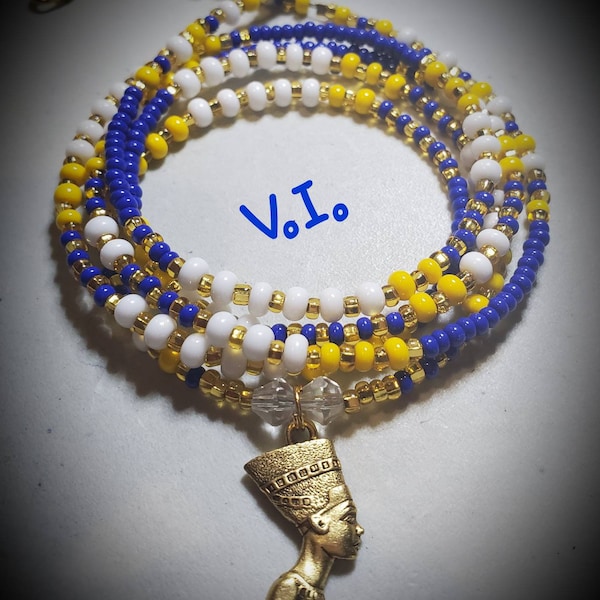 Virgin Islands Nice Blue Yellow White USVI Flag Nefertiti Charm Waist Beads St Croix Afrocentric Beads Belly Chain Belly Waist Trainer