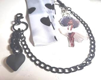 Black Heart Marilyn Black Girl Inspired Acrylic Bag Charm Black Chain Black Heart Satin Twilly Scarf  Set Purse Personalization Bag Bling