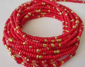 Red & Gold Seed Bead Waist Beads: Afrocentric Belly Chain