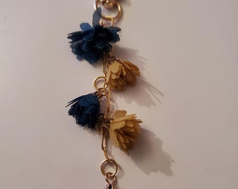 Teal & Tan Silk Flower Bag Charm: Handbag Dangle Keychain