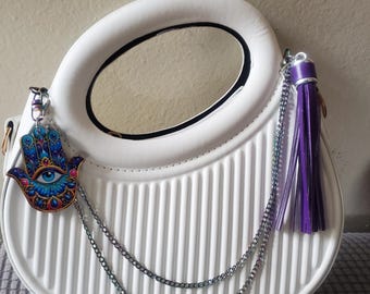 Purple Turquoise Hamsa Handbag Chain: Hamsa Hand Acrylic Charm, Tassle Purse Accessories