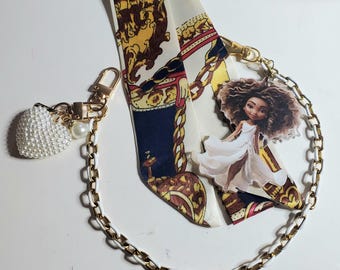 Black Girl White Dress Bag Charm Set: Pearl Heart, Gold Chain & Scarf