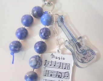 Lapis Lazuli Beaded Bag Charm: Guitar & Sheet Music Keychain