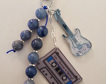 Cassette Tape Guitar Keychain: Blue Aventurine Gemstone Bag Charm